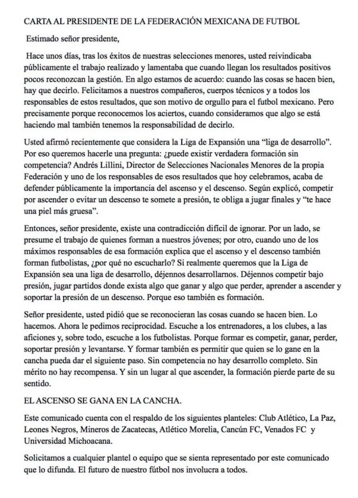 Futbolistas de seis equipos de Liga de Expansión en misiva alzan la voz ante la FMF